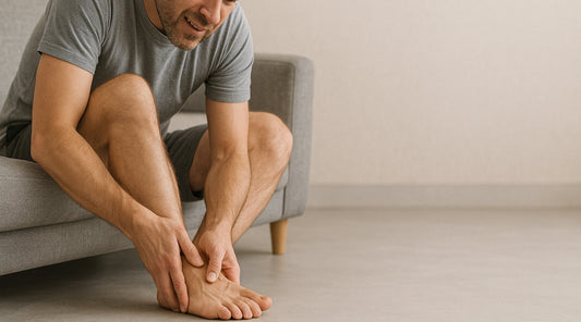 Mann sitzt auf Sofa und hält schmerzenden Fuß – mögliche Ursachen wie Überlastung, Verstauchung oder Arthrose