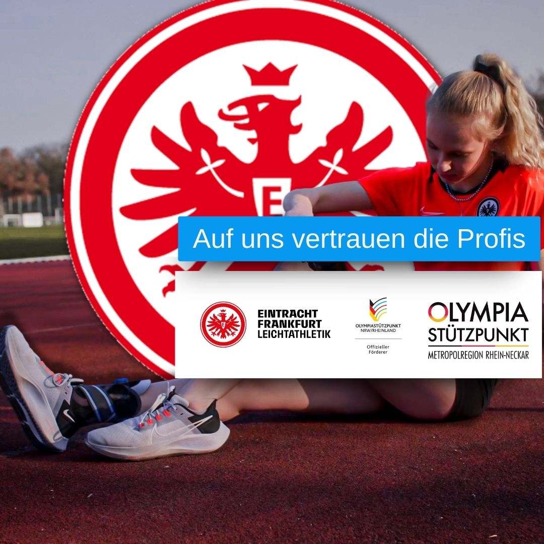 Athletin auf der Laufbahn nutzt ein OrthoMechanik-Produkt für Regeneration und Muskelpflege. Im Hintergrund das Logo von Eintracht Frankfurt, ergänzt durch die Hinweise auf Partnerschaften mit Eintracht Frankfurt Leichtathletik und dem Olympiastützpunkt Metropolregion Rhein-Neckar. Text: "Auf uns Vertrauen die Profis" – zeigt das Vertrauen professioneller Sportler in die Qualität von OrthoMechanik-Produkten.