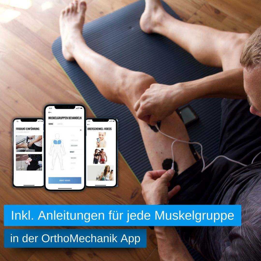 Elektrisches TENS  Stimulationsgerät zur gezielten Muskelbehandlung am Bein, begleitet von der OrthoMechanik-App mit Anleitungen für jede Muskelgruppe. Die App zeigt detaillierte Videoanleitungen und Behandlungstipps, um die Nutzung des Geräts optimal an die individuellen Bedürfnisse anzupassen. Ideal für personalisierte Therapie und Muskelregeneration.