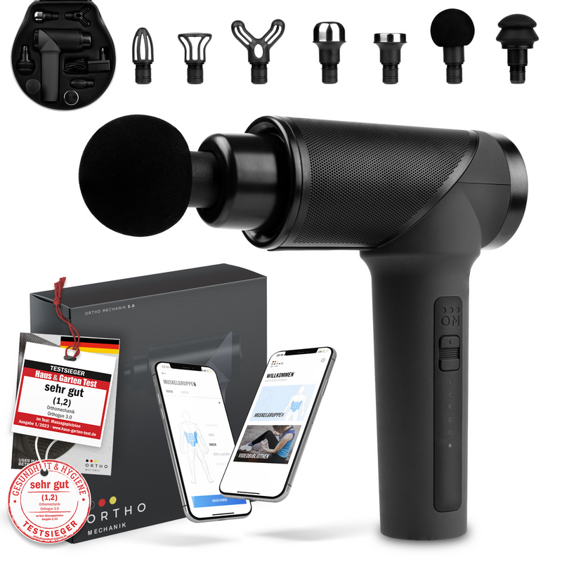 Massagepistole OrthoMechanik 3.0 | App | Koffer & 7 Aufsätzen | OrthoGun