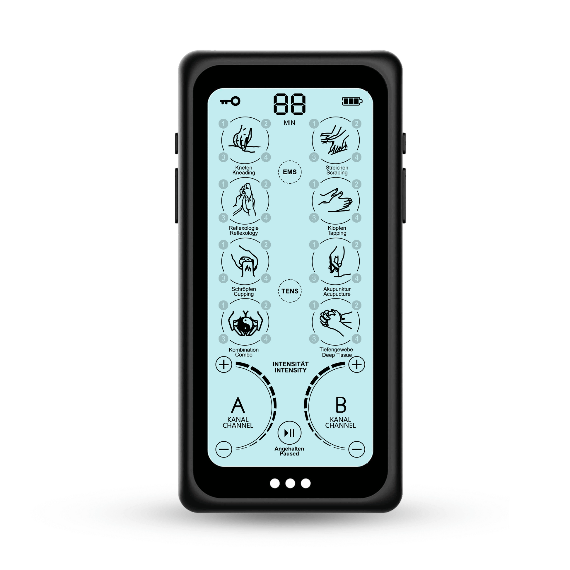 Elektrisches TENS EMS Stimulationsgerät mit digitalem Display zur Auswahl verschiedener Massage- und Therapieprogramme (z. B. Kneten, EMS, TENS, Akupressur). Zwei Kanäle (A und B) ermöglichen die individuelle Anpassung der Intensität und Anwendung auf unterschiedlichen Körperbereichen. Ideal zur Entspannung, Muskelstimulation und Schmerzlinderung.