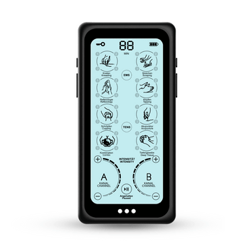 Elektrisches TENS EMS Stimulationsgerät mit digitalem Display zur Auswahl verschiedener Massage- und Therapieprogramme (z. B. Kneten, EMS, TENS, Akupressur). Zwei Kanäle (A und B) ermöglichen die individuelle Anpassung der Intensität und Anwendung auf unterschiedlichen Körperbereichen. Ideal zur Entspannung, Muskelstimulation und Schmerzlinderung.