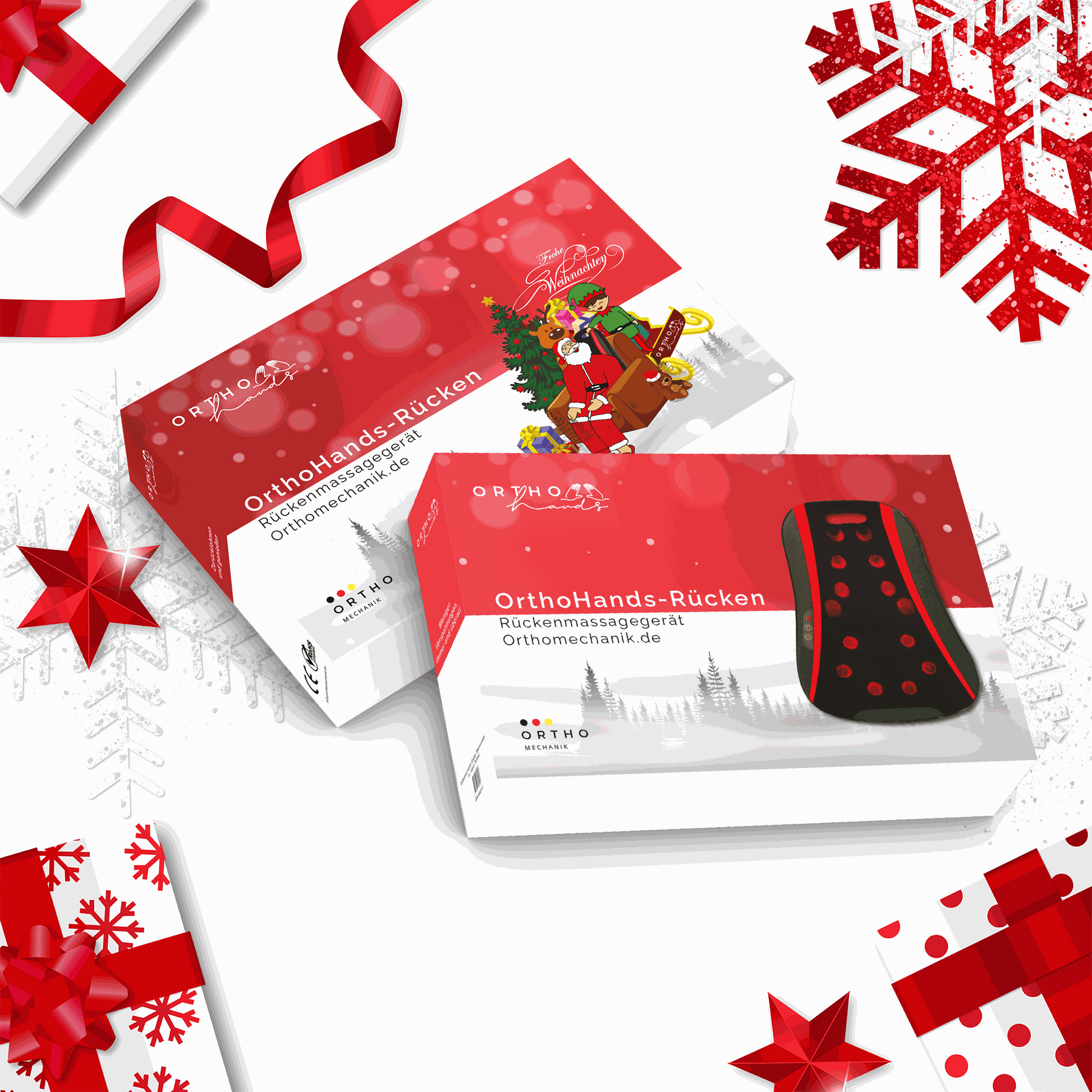 Weihnachtsgeschenk OrthoHands Rücken-Massagegerät von OrthoMechanik in festlicher Verpackung.