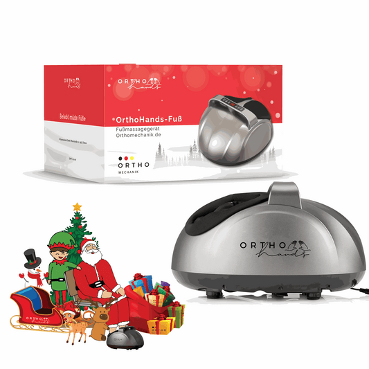 Weihnachtsgeschenk Fuß-Massagegerät OrthoHands von OrthoMechanik in Verpackung.