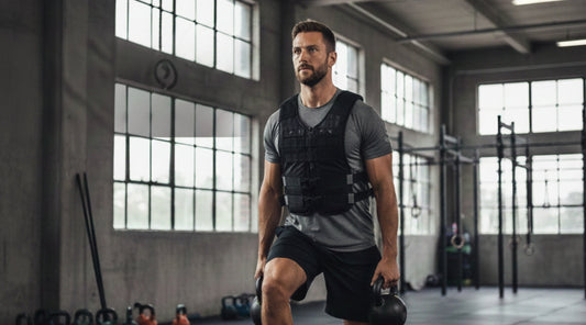 Sportler macht Ausfallschritte mit Gewichtsweste im Fitnessstudio