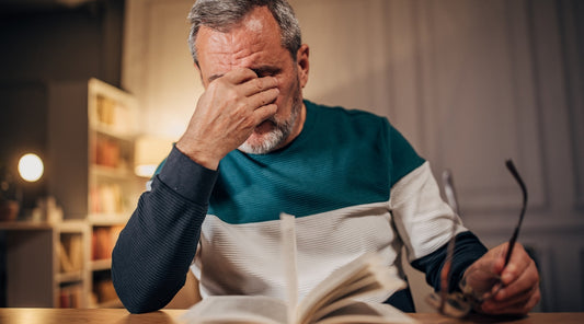 Älterer Mann mit Kopfschmerzen beim Lesen hält sich die Stirn