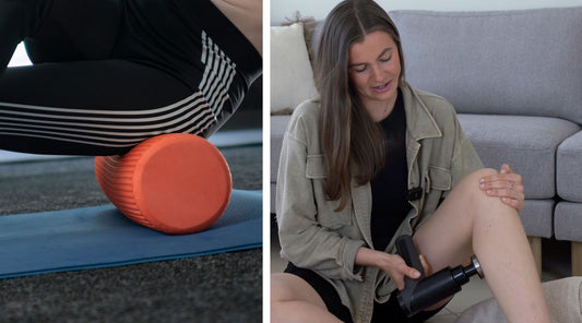 Links die Anwendung einer orangefarbenen Faszienrolle rechts die Anwendung einer Massagepistole