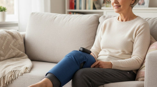 Ältere Dame sitzt mit Beinmassagegerät auf dem Sofa