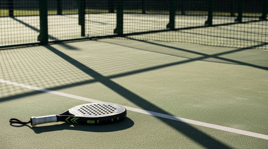 Padelschläger liegt auf dem Spielfeld in der Sonne