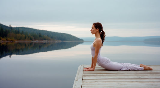 Frau in der Kobra-Yogapose auf Holzsteg am ruhigen See