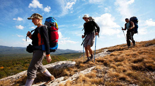 Wanderer mit Rucksack Bergab unterwegs