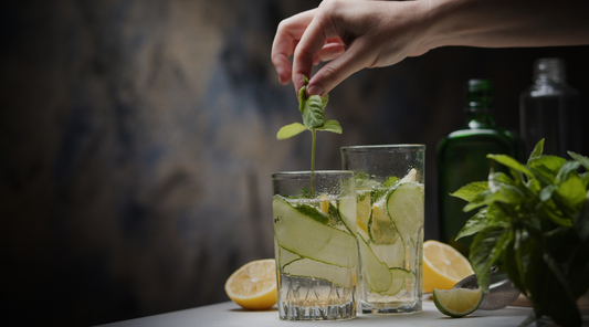 Zubereitung eines Gin & Tonic mit Gurke, Zitrone und Minze – eine Hand setzt ein frisches Minzblatt ins Glas, im Hintergrund Flasche und weitere Zutaten.