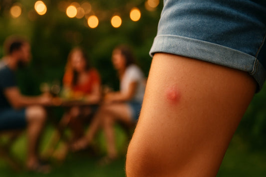 Großer Mückenstich am Bein bei Sommerabend im Freien – Insektenstiche beim Grillen oder Gartenfest