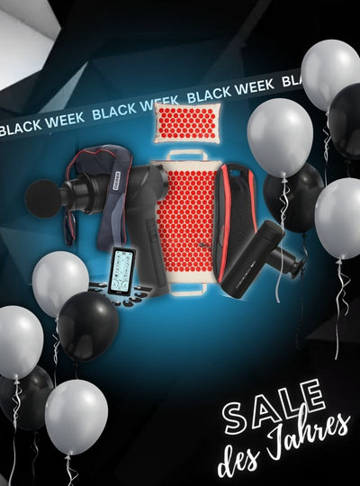 Orthomechanik Black Week Sale des Jahres Banner mit Massagepistole, Akupressurmatte, Rücken-, Nacken- und Fußmassagegerät sowie TENS-Geräten, umgeben von schwarzen und weißen Luftballons auf dunklem Hintergrund.