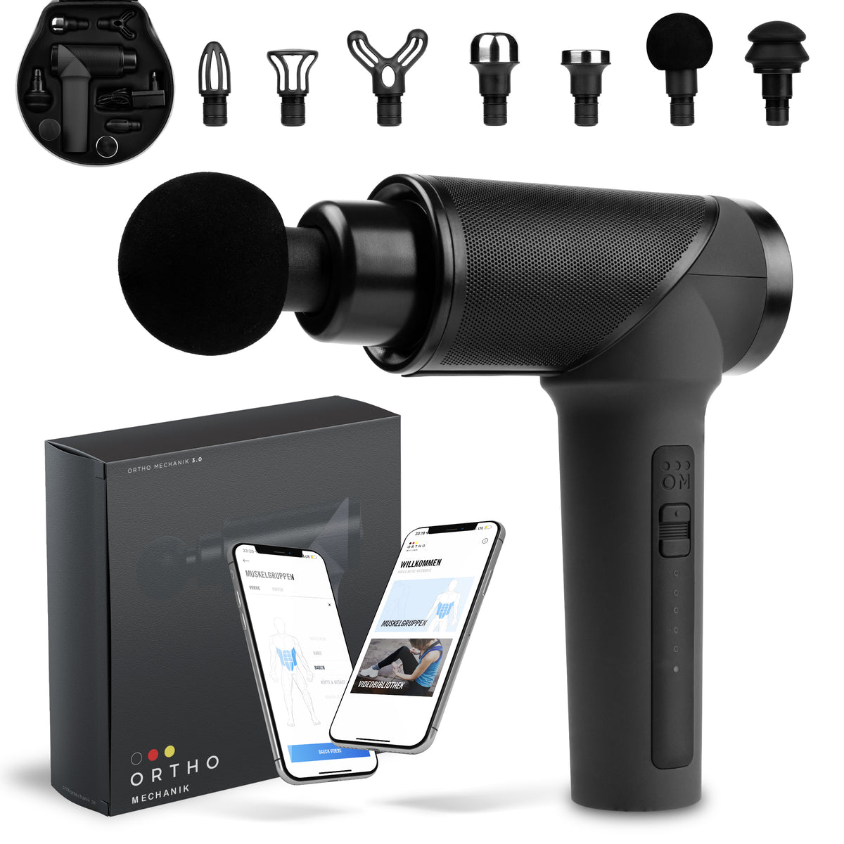 Massagepistole OrthoMechanik 3.0 | App | Koffer & 7 Aufsätzen | OrthoGun