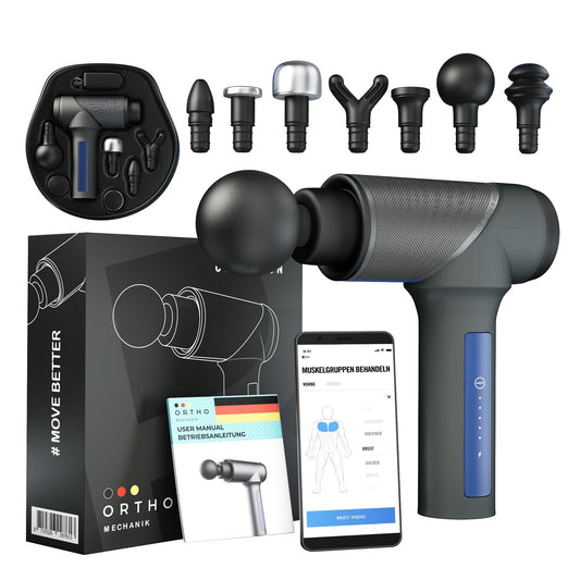 OrthoGun 2.0 Massagepistole mit Zubehör, leistungsstarker Motor, 6 Aufsätze, tragbar, ideal für Sportler und Trainer.